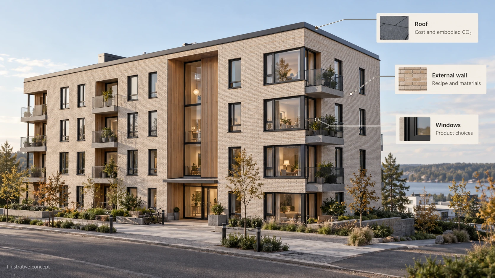 Illustrative Nordic apartment building with callouts for roof cost and embodied carbon, external-wall Recipes and materials, and window Product choices.