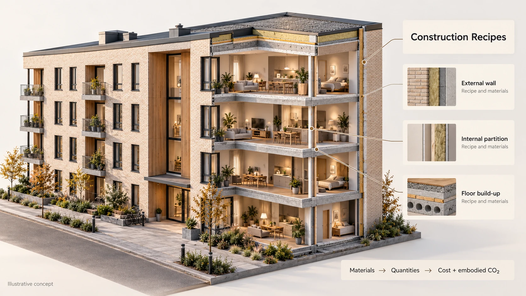 Illustrative building cutaway showing external-wall, internal-partition and floor build-ups, connecting materials and quantities to cost and embodied carbon.
