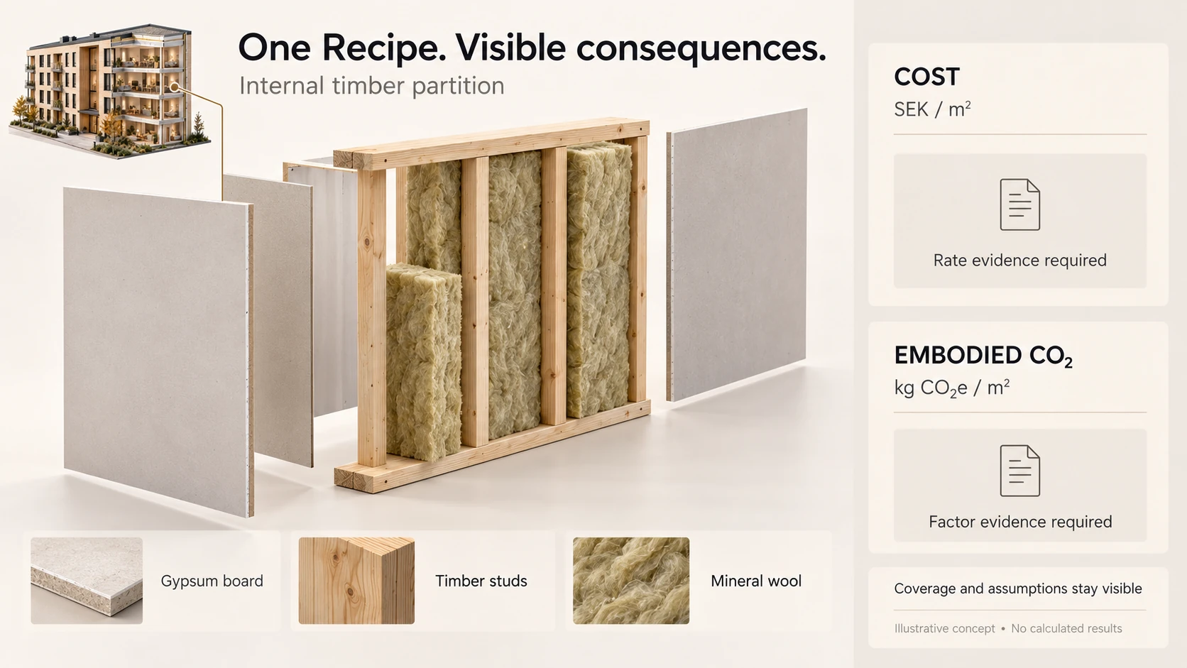 Illustrative timber partition with gypsum boards, timber studs and mineral wool. Cost requires rate evidence and embodied carbon requires factor evidence; no calculated results are shown.